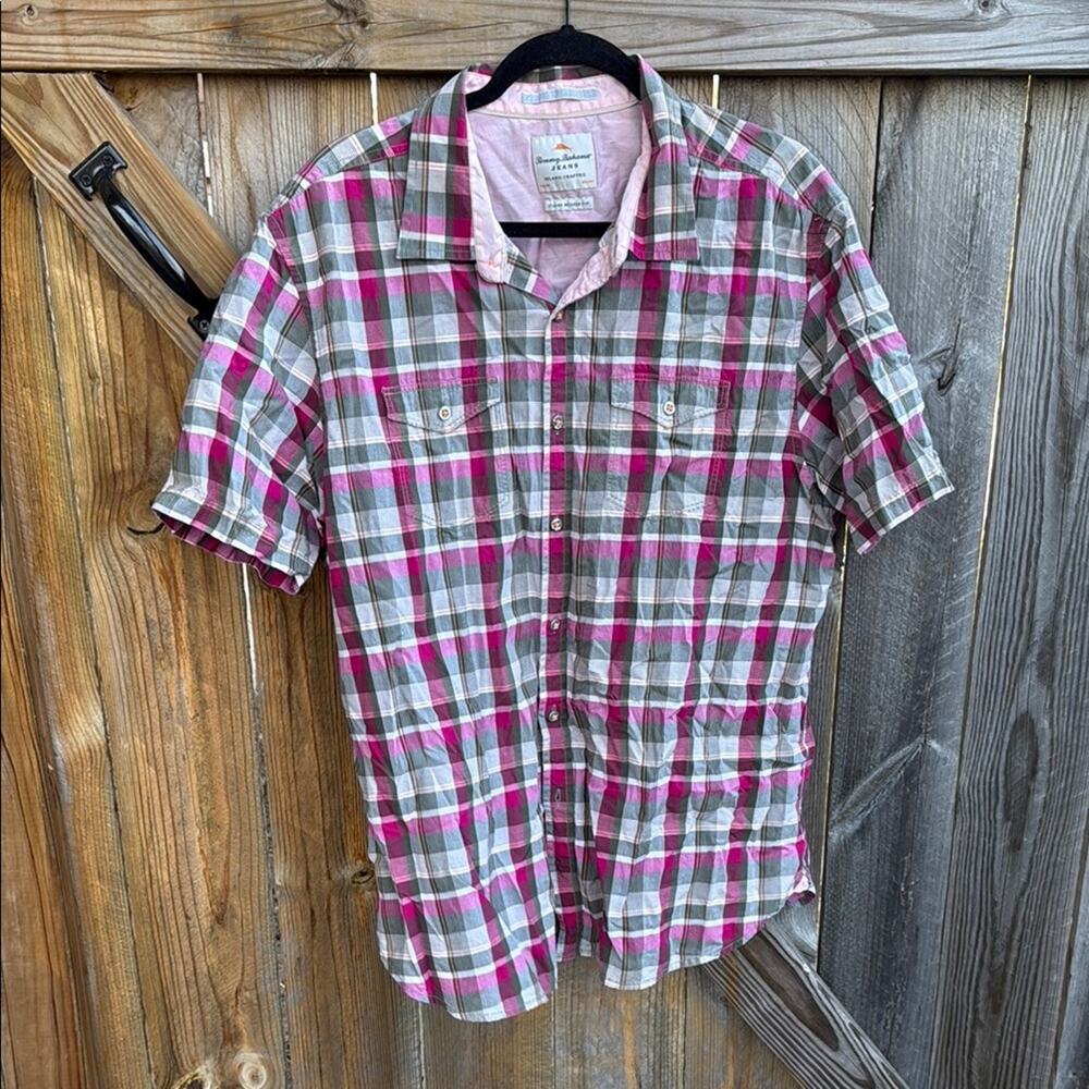Tommy Bahama Island Modern Fit Men's Plaid Short Sleeve Shirt XL Pink Gray